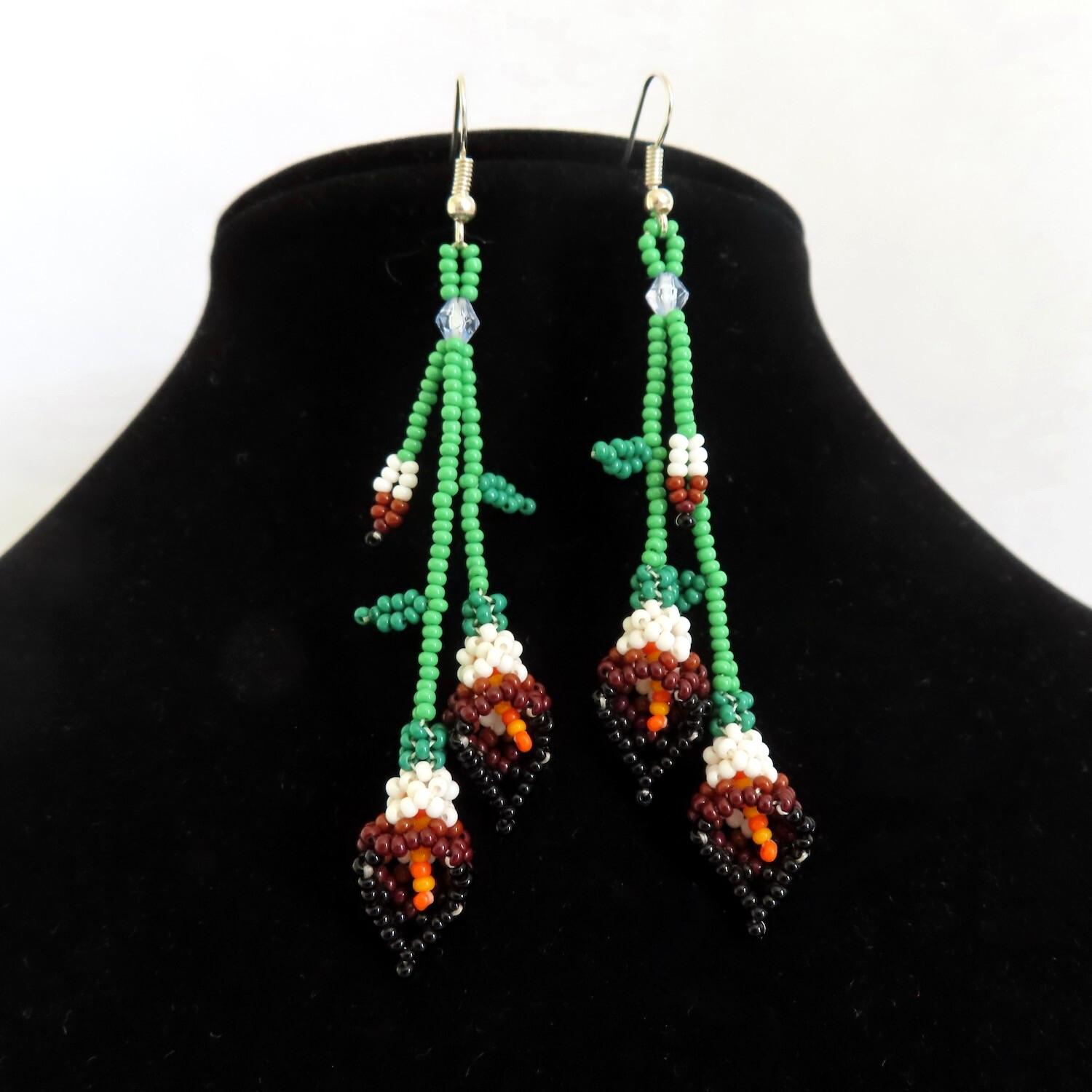 Huichol Beaded Dangle Earrings White Brown Calla Lilly Flower Handmade Mexico