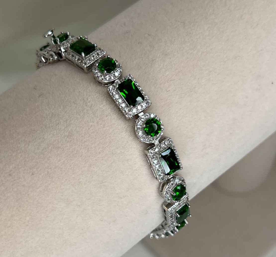 Green Chrome Diopside Rhodium Over Sterling Silver Bracelet 12.34ctw NEW 7.5″