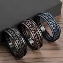 Men’s Braided Leather Bracelet Multilayer Rope Magnetic Clasp Punk Jewelry