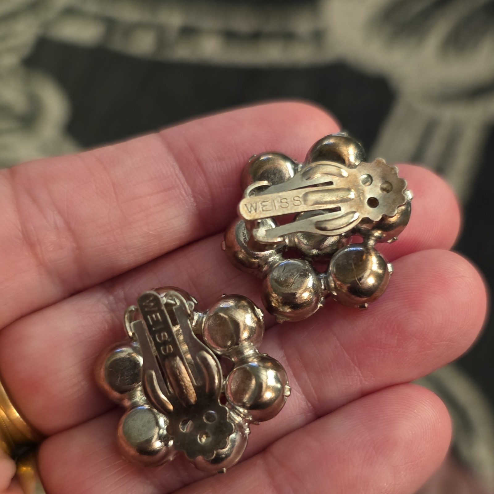 WEISS Signed Gold Tone Clip-On Cluster Flower Earrings AB Clear Rhinestone