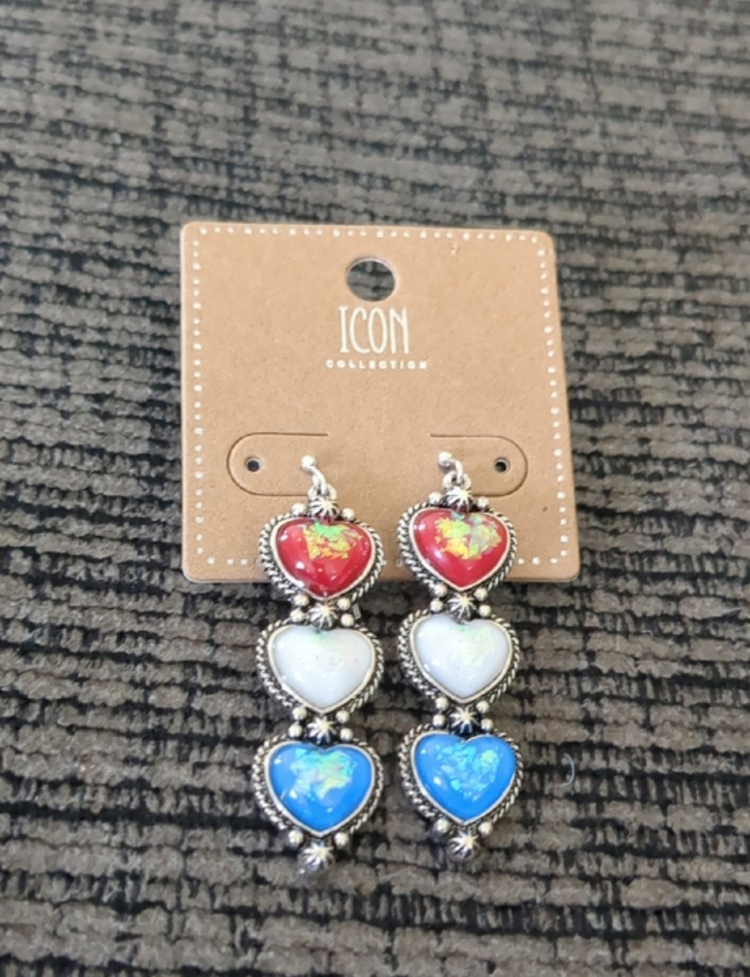 Western Patriotic Heart Drop Earrings Red White Blue Opal Epoxy Dangle 2″