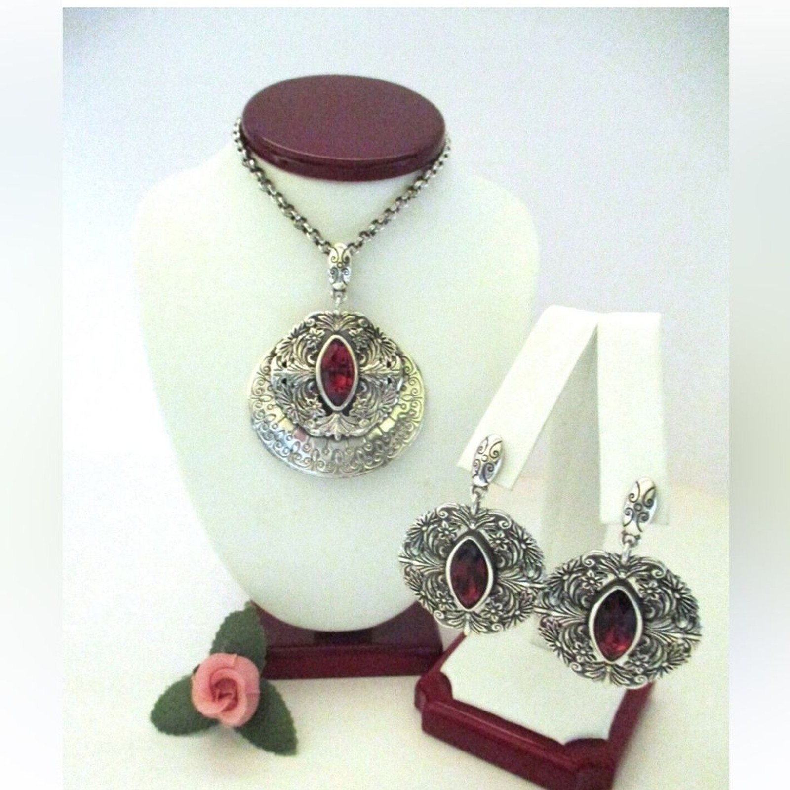Brighton Rouge Lace Silver Plate Pendant Necklace w Red Navette Crystal
