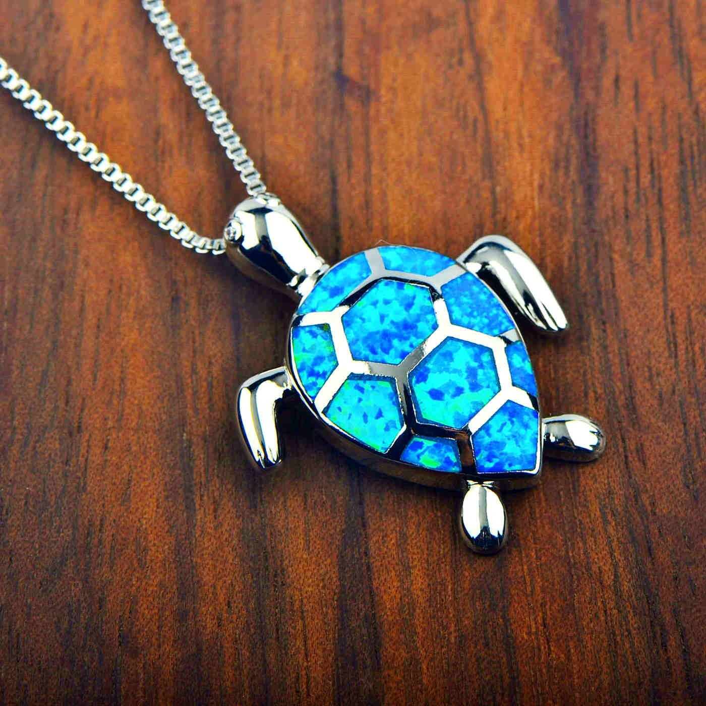 Hawaii Blue Fire Opal Turtle wave Necklace pendants Silver Filled For Women Girl