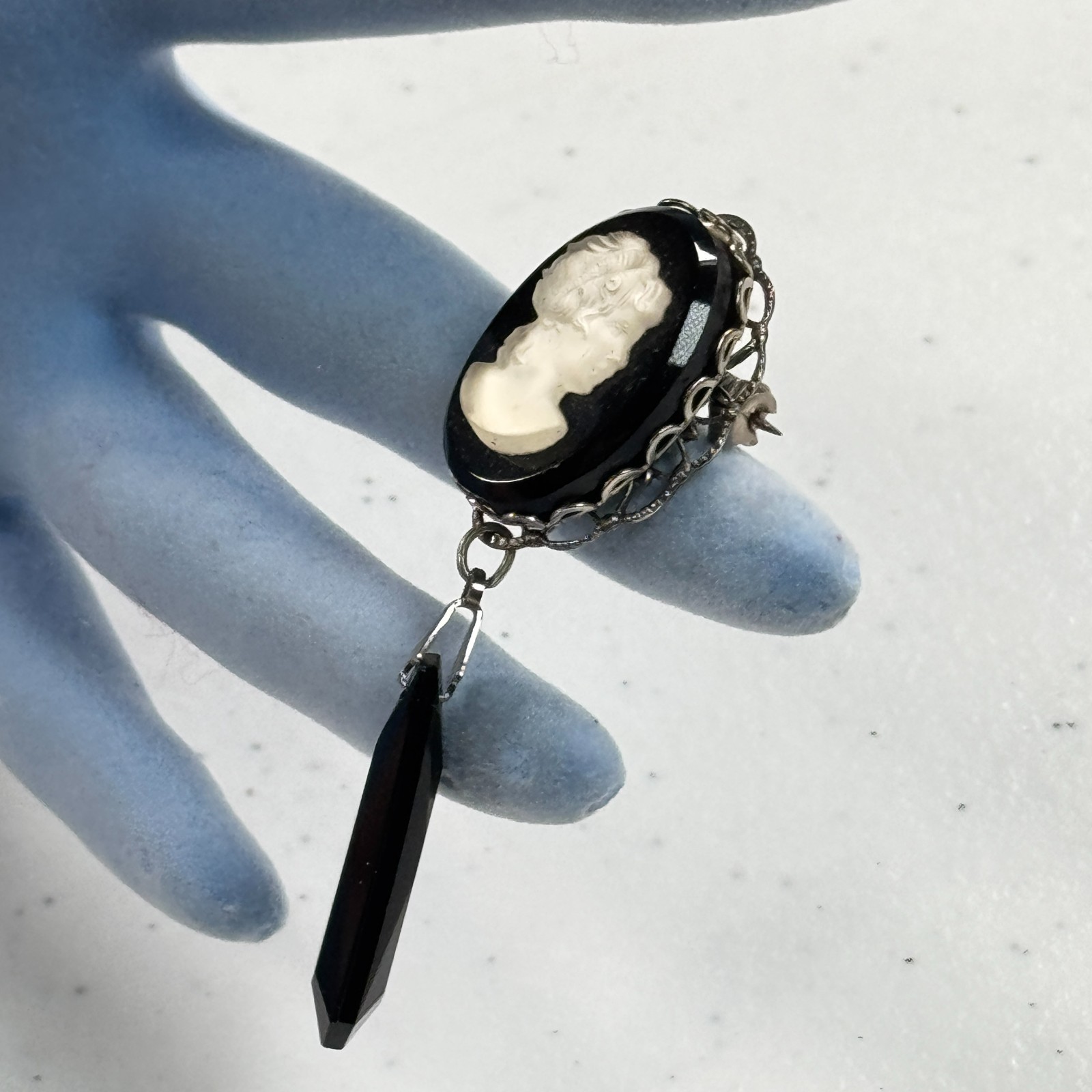 Vintage Cameo Brooch Pendant Black Glass Dangle Victorian Revival Silver Tone