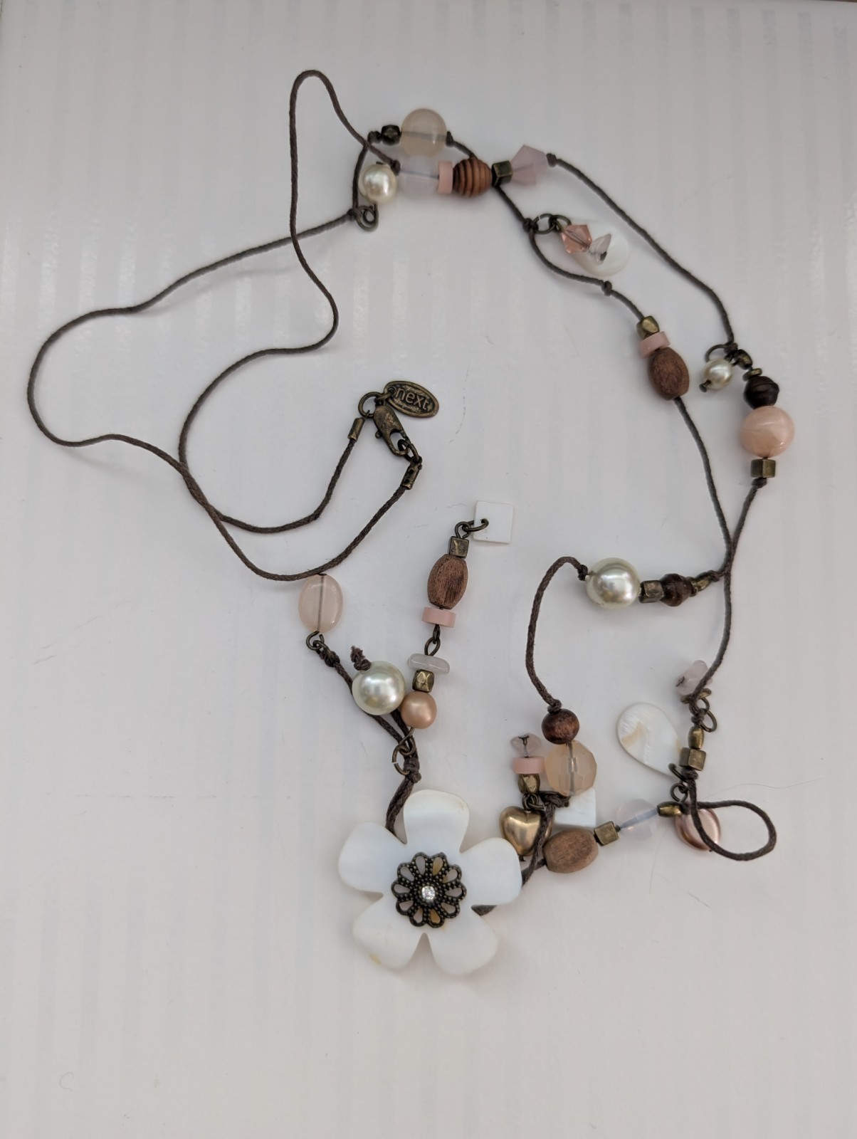Next Signed Floral Heart Faux Crystal Pearl Wood Beaded Tassel Pendant Necklace