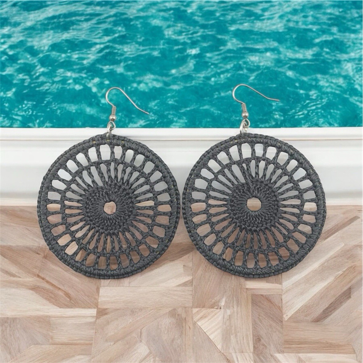 Artisan Graphite GREY Crochet Weave Dangle Hoop 3” Earrings ~ Handmade Lithuania