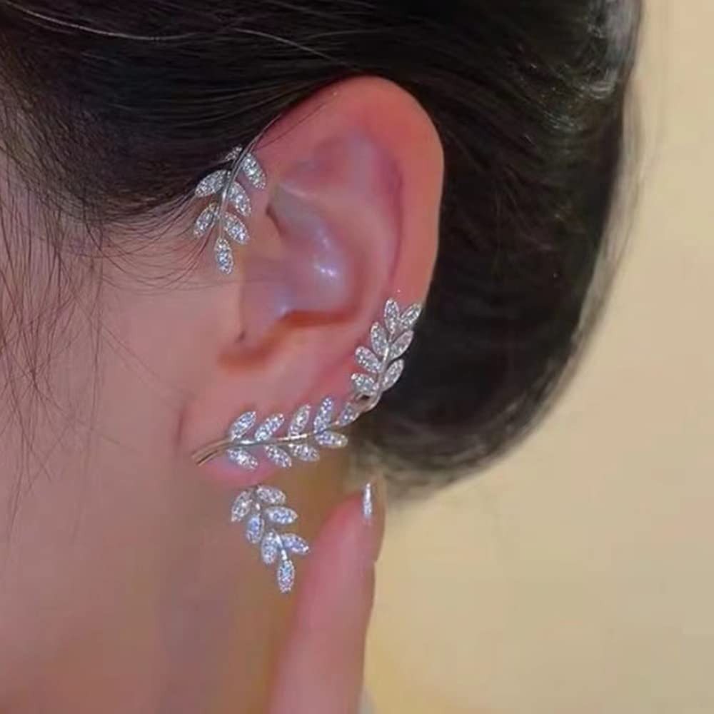 Jumwrit Rhinestone Ear Cuffs Leaf Jacket Climber 5.5cm x 3.5cm, Silver
