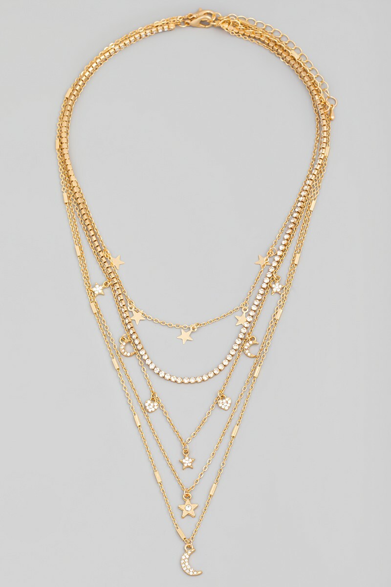 Womens Multi Chain Layered Rhinestone Fashion Charm Statement Necklace