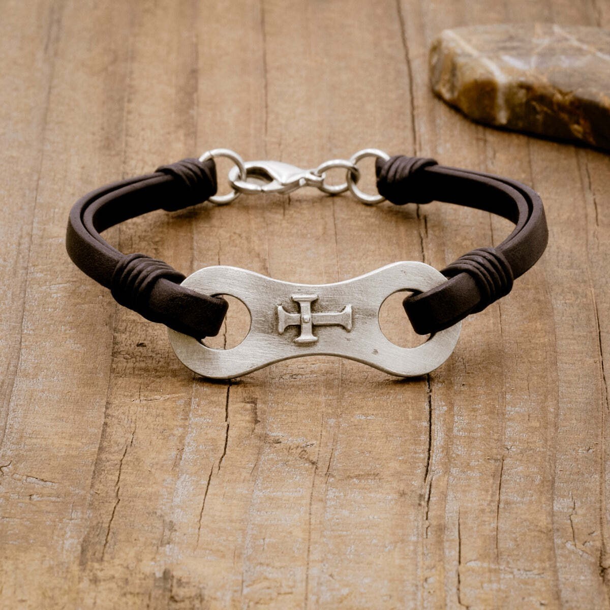 Linked Together Black Leather Bracelet Cross Pewter Charm Large by Lisa Leonard