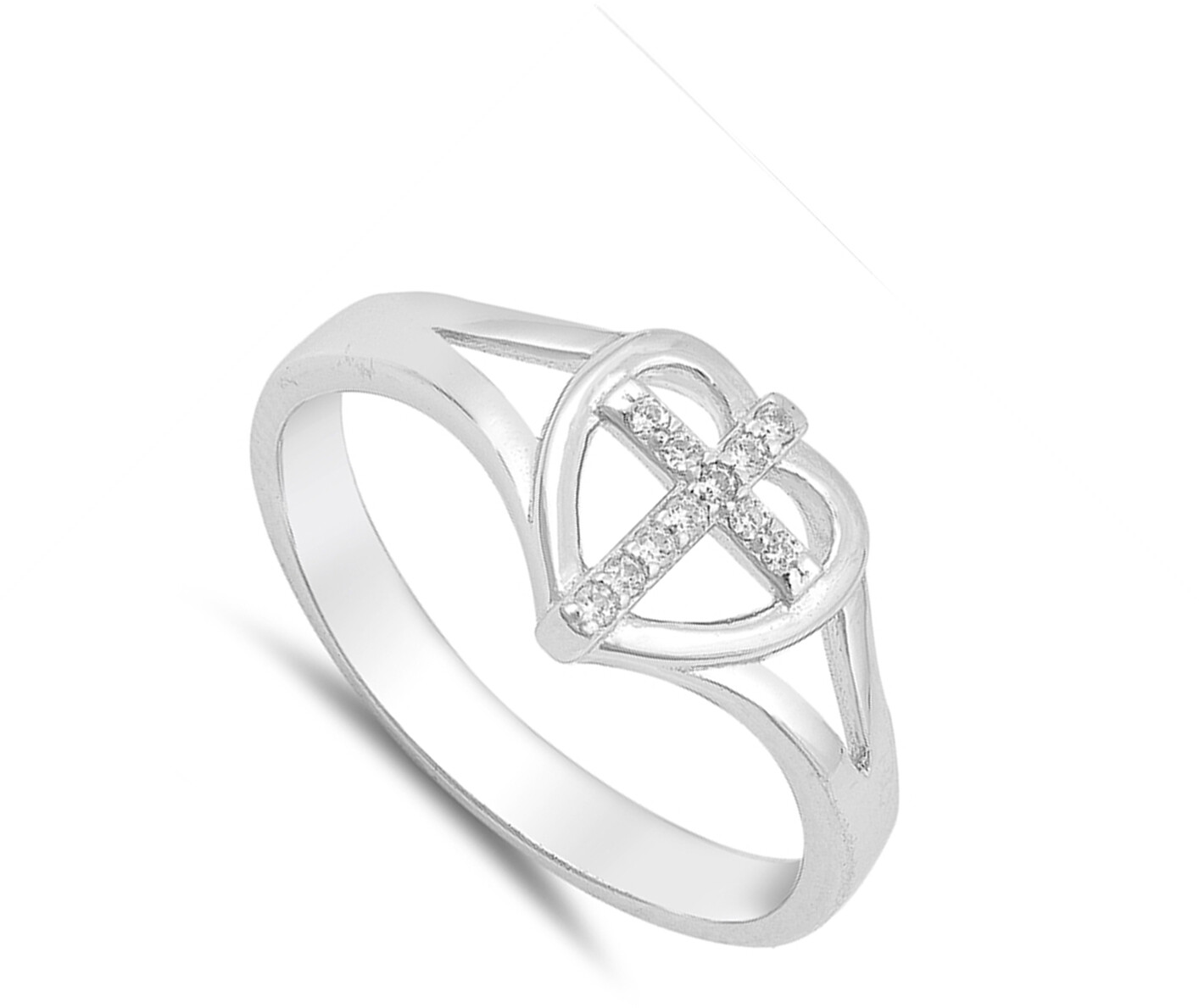 Clear CZ Cross Heart Christian Love Ring .925 Sterling Silver Band Sizes 4-10