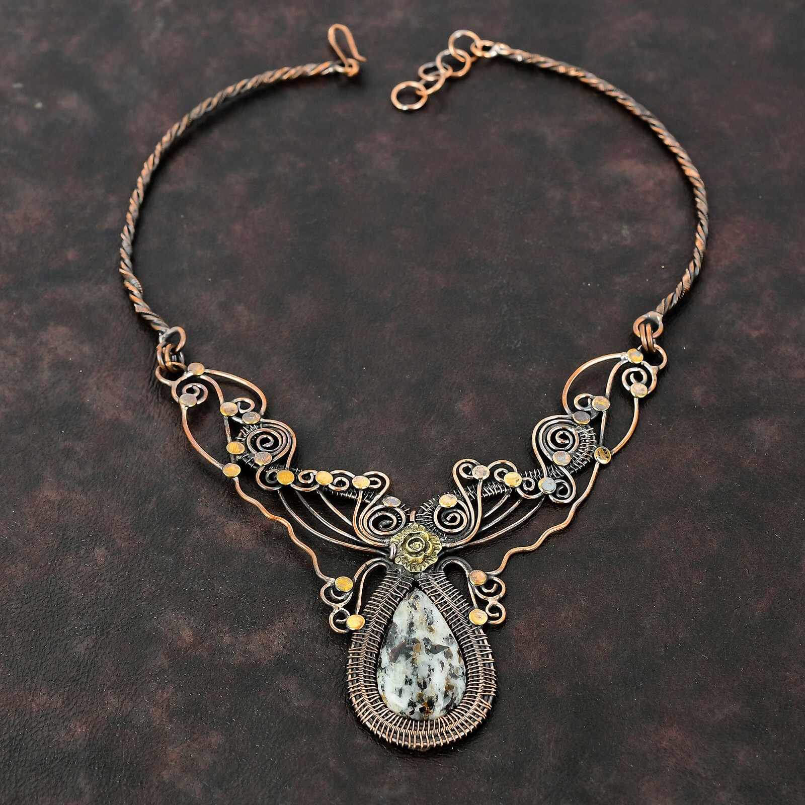 Gift For Her Copper Astrophyllite Wire Wrapped Flower Adjustable Necklace 18.0″
