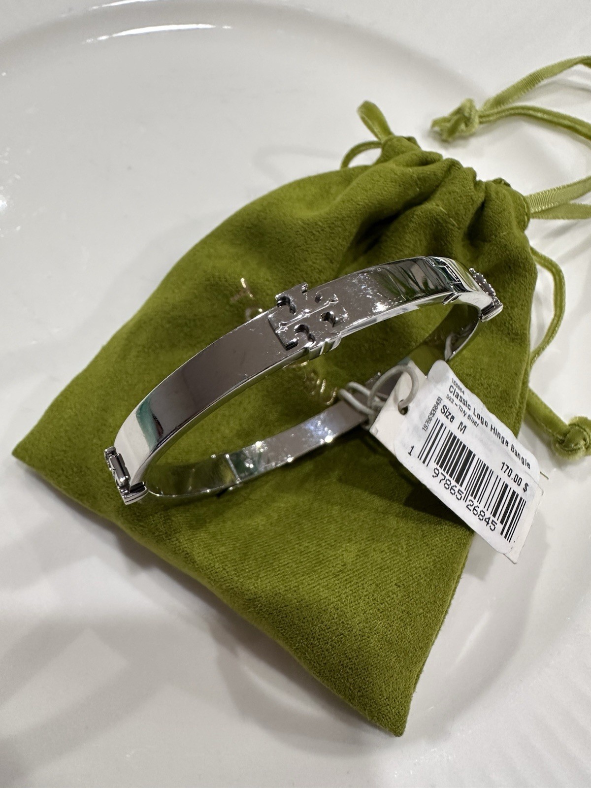 Tory Burch Classic Logo HINGE BANGLE Silver 168864 Size M