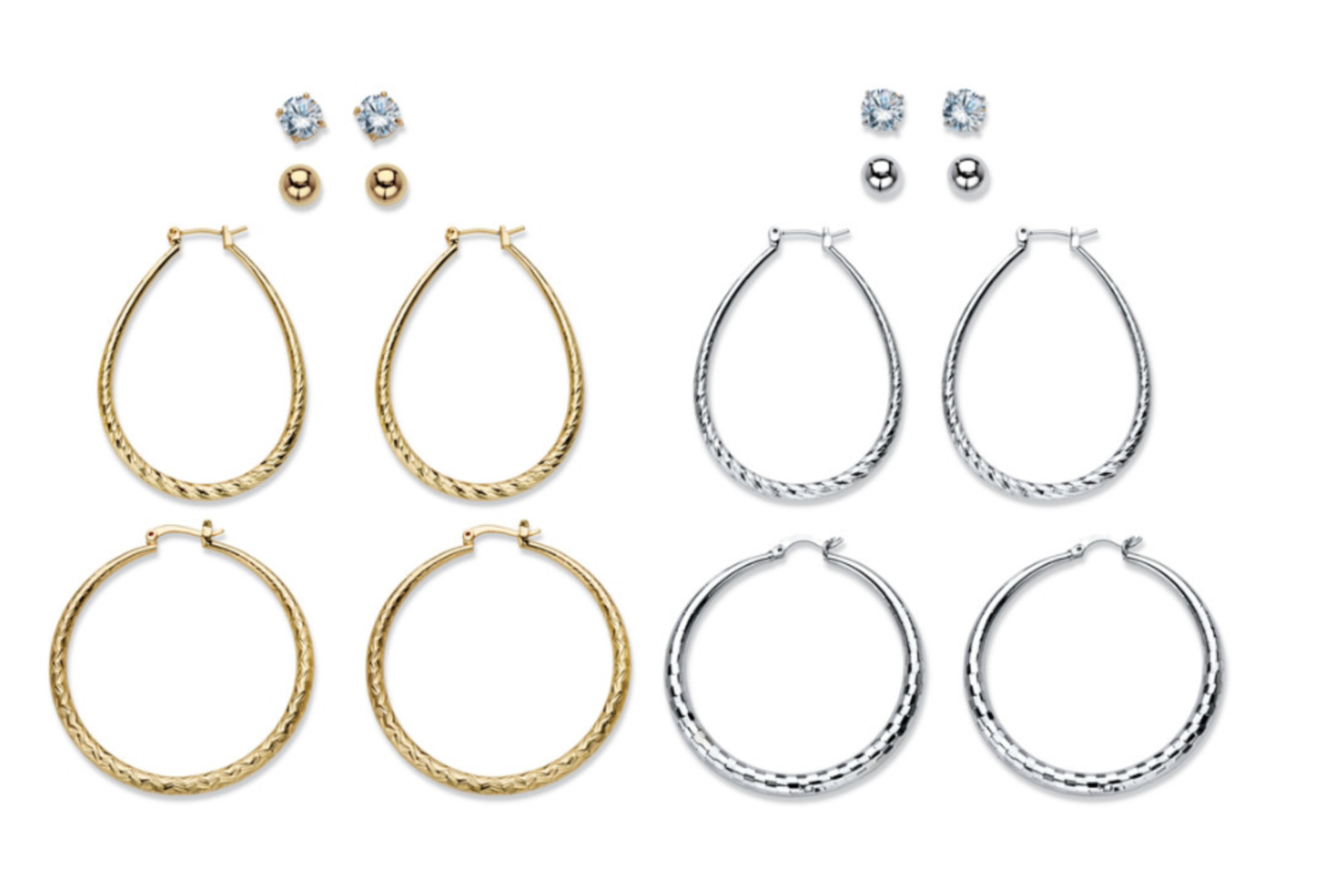 DIAMOND CUT TEXTURED 8 PAIR STUD AND HOOP EARRINGS SILVERTONE AND GOLDTONE