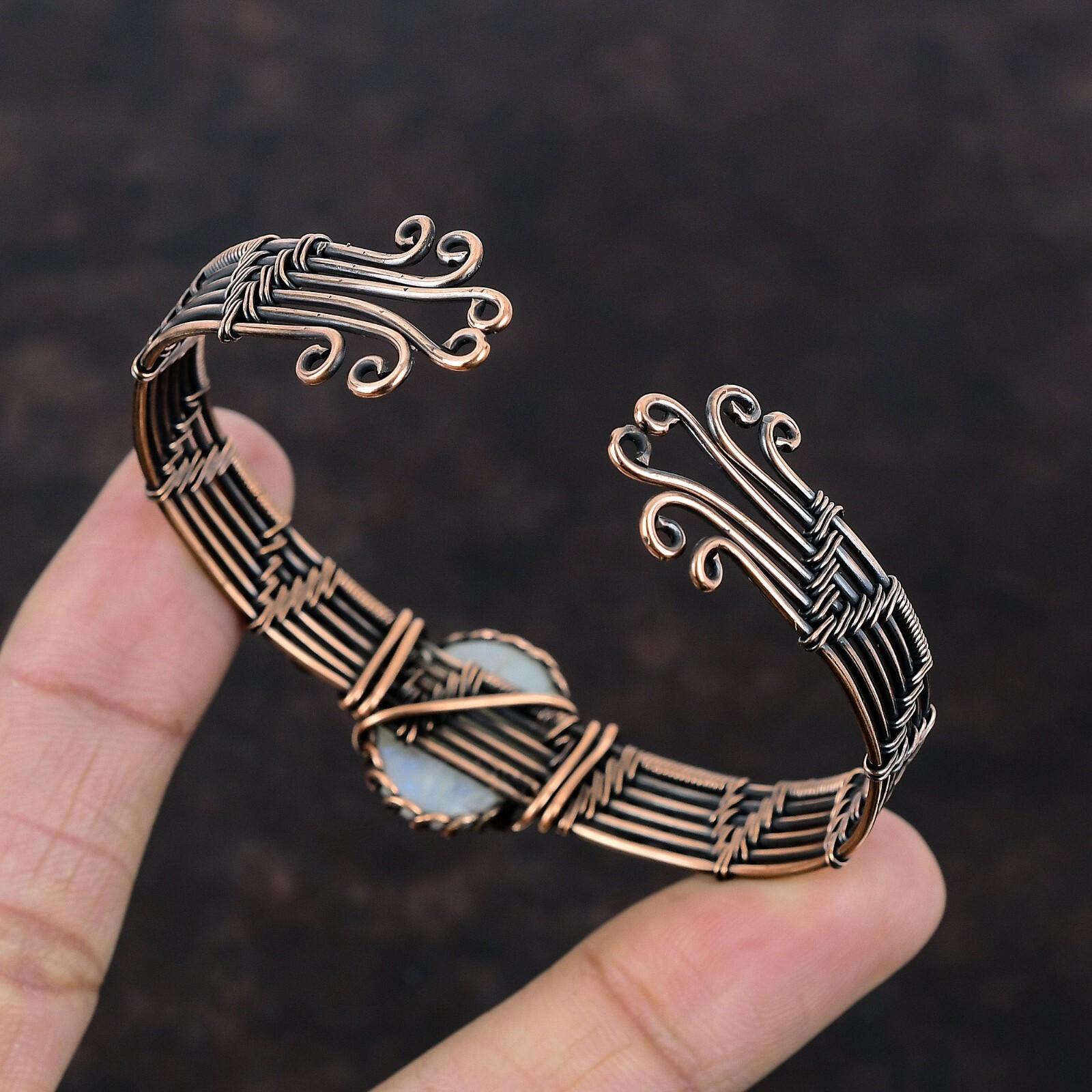 Rainbow Moonstone Wire Wrapped Adjustable Bangle Handcrafted Copper Holiday