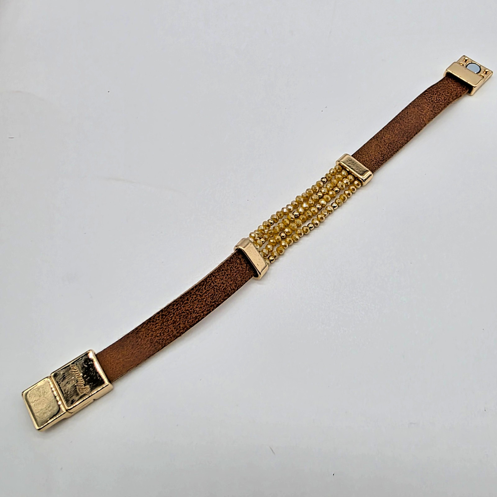 Plunder CAMERON Brown Suede Ochre Crystal Gold Bar Magnetic Strap Bracelet