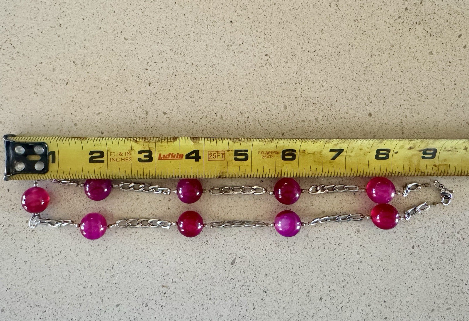 MCM Fuschia glass bead Necklace Figaro style Link Chain Lobster Clasp, HOT!!