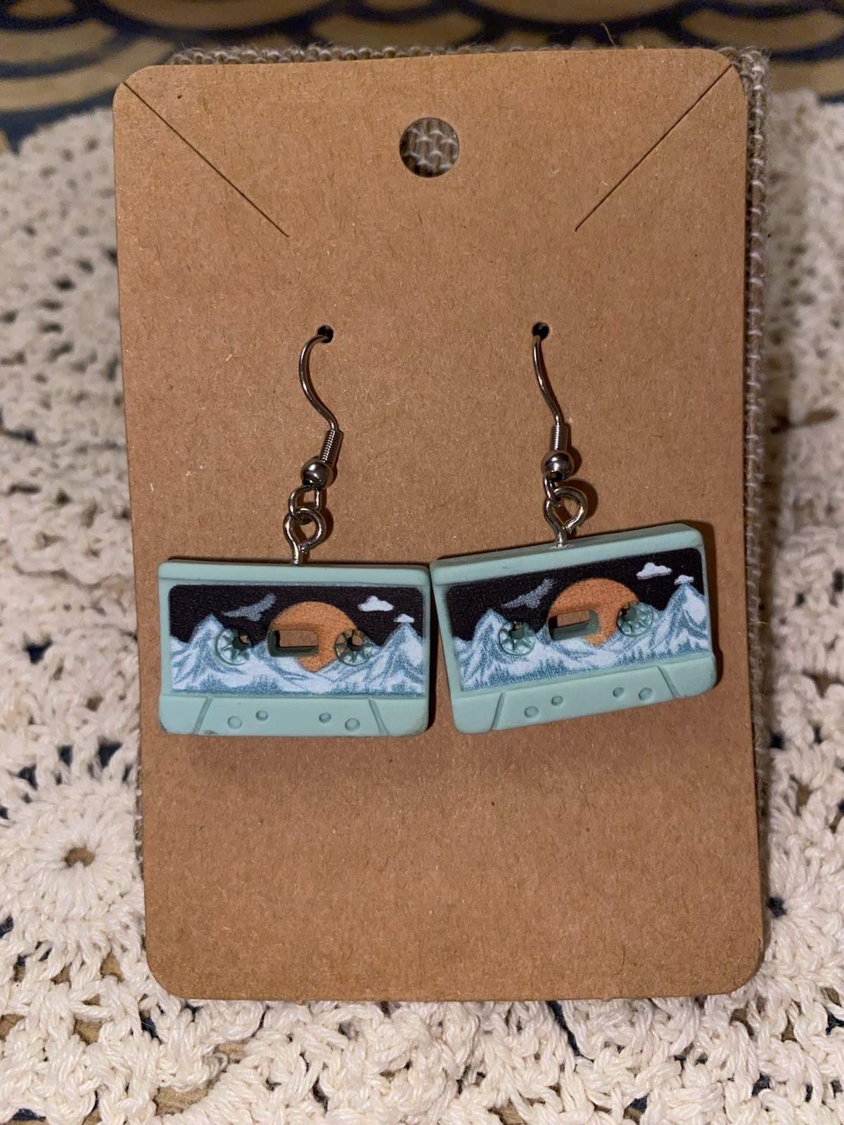 Mountain Landscape Cassette Tape Dangle Hook Earrings Retro 80s 90s