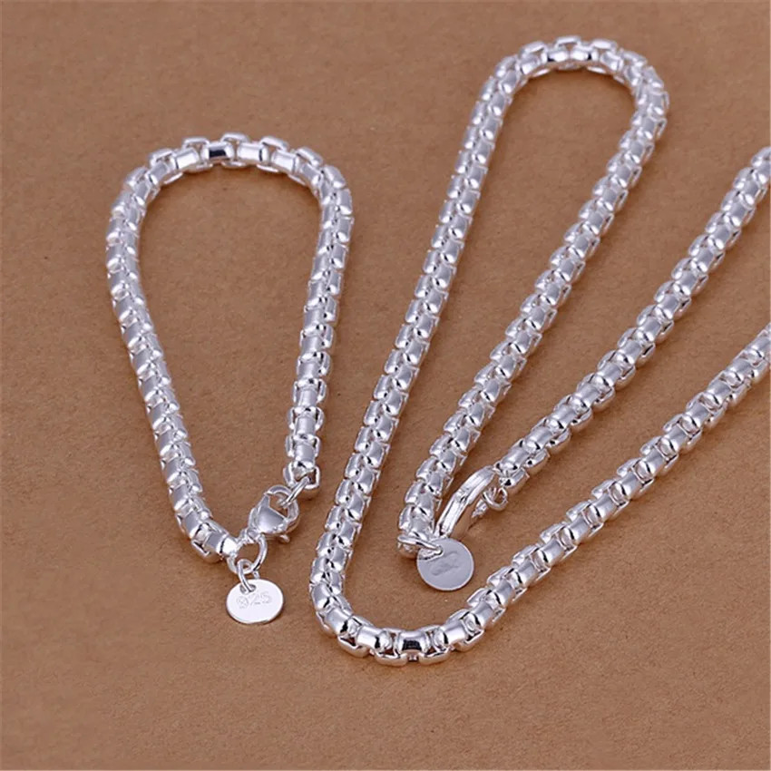 Wholesale 45-60Cm 925 Sterling Silver 4Mm round Box Chain Necklace Bracelet Set