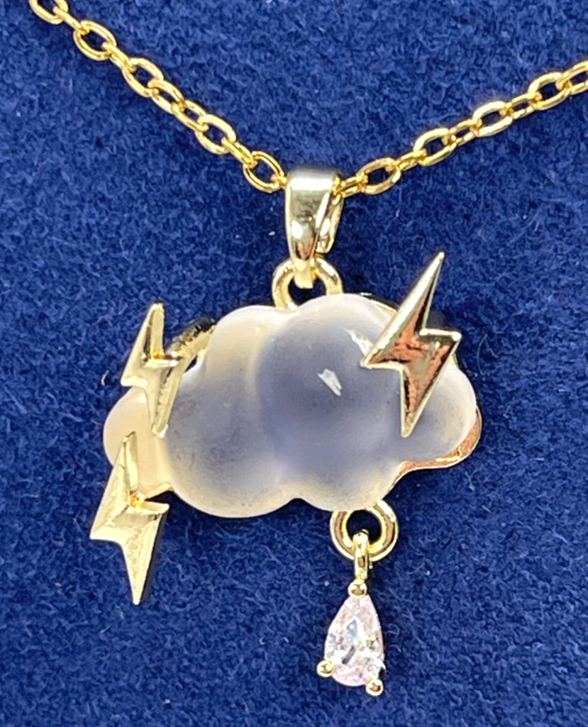 Necklace Iridescent White Cloud w/Gold Tone Lightning Bolts & Zirconia Rain Drop