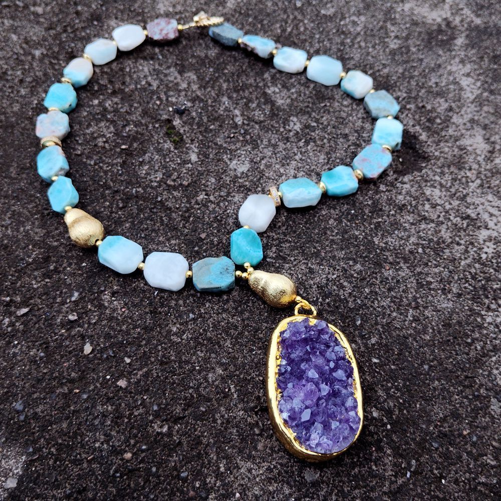 Natural Stones Larimar Amethyst Druzy Pendant Necklace Beaded Designer