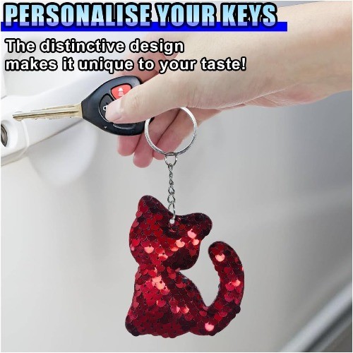 Sparkly Cat Sequin Keychain for Car Keys, Cute Glitter Kitty Keyrin Color: Red