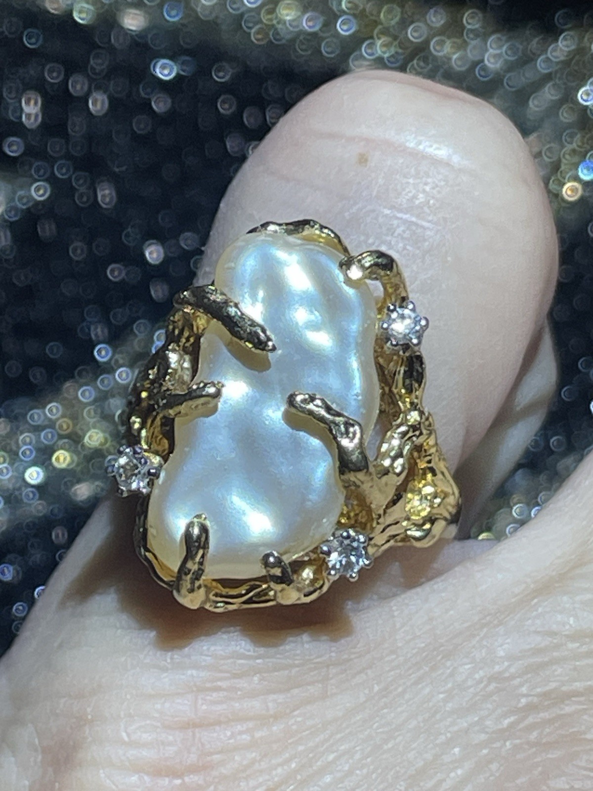 18k GE CZ Cocktail Ring Size 6 Baroque White Pearl w/ Crystal Accents