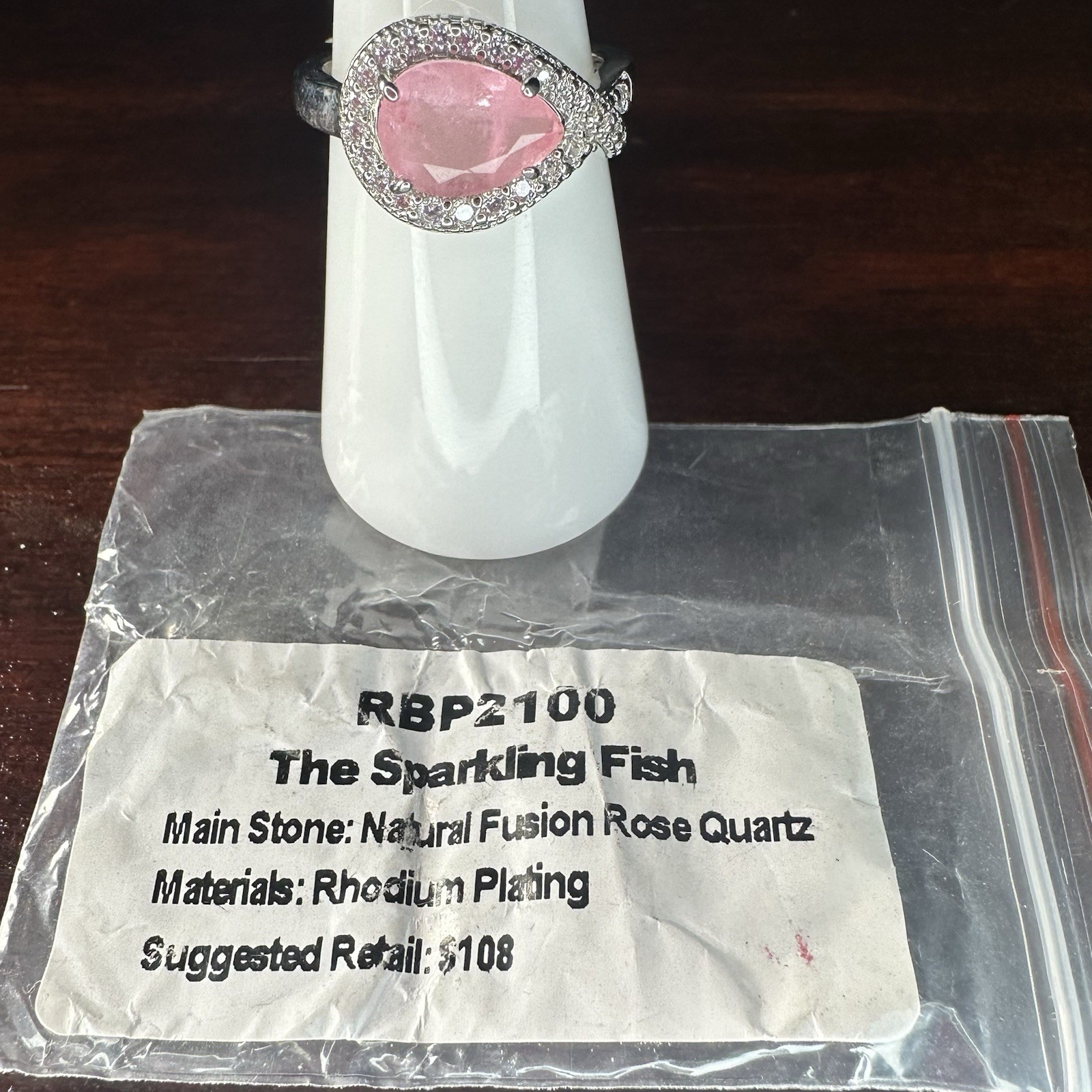 Bomb Party Ring- 2100- Treated Genuine Quartz/Rose- Size 7- Rhodium Plated
