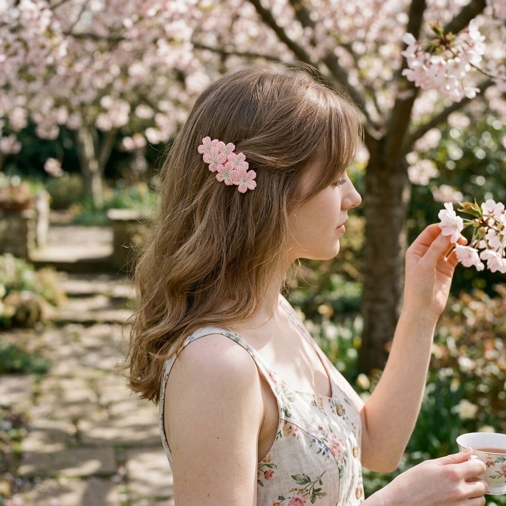 Cherry Blossom Flower Embroidered Hair Barrette 1pc Sweet Hair Accessory