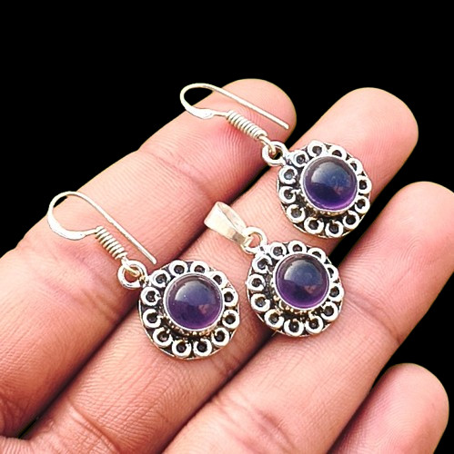 Sale Amethyst Gemstone 925 Sterling Silver Plated Earring Pendant Set Jewellery