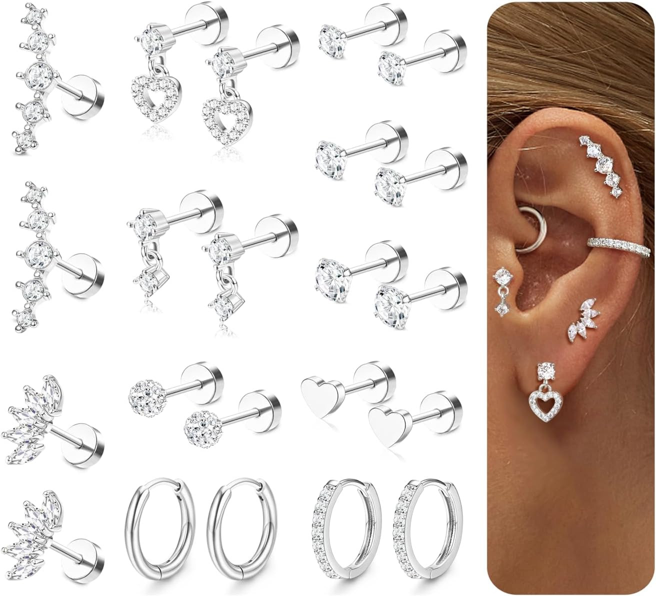 Hypoallergenic Flat Back Earrings for Women Cartilage Earrings Stacks-20G Surgic