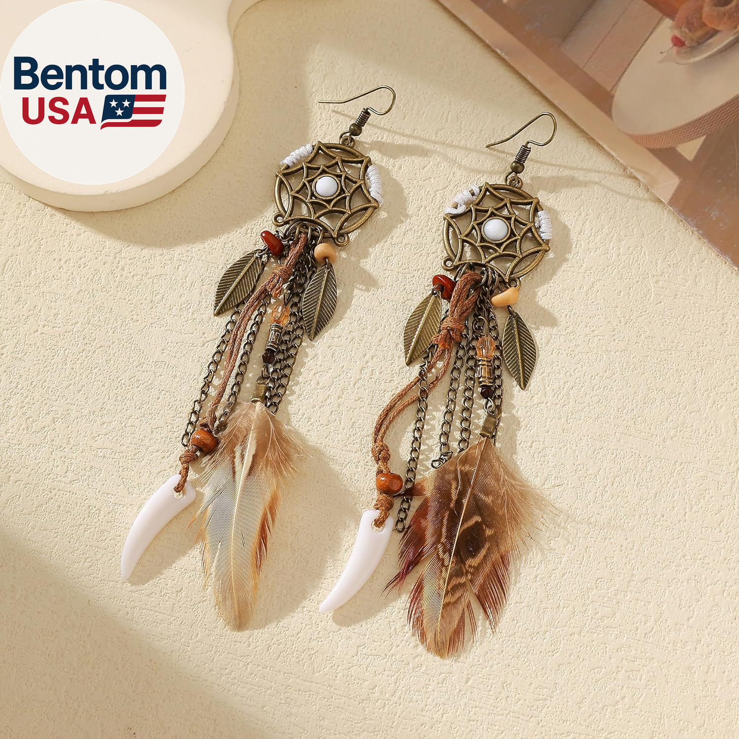 Brown Dream Catcher Feather Earrings Vintage Bohemian Ethnic Dangle Earrings for