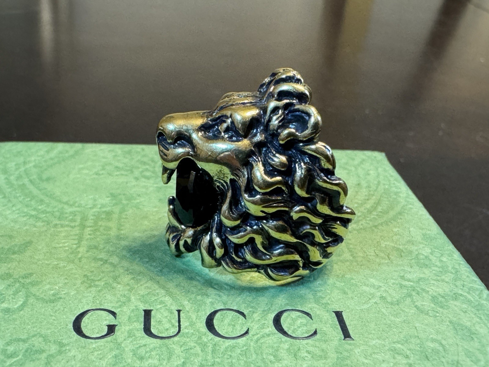 New Authentic Gucci Lion Head Ring Black Stone Size IT 13 / US 6.5