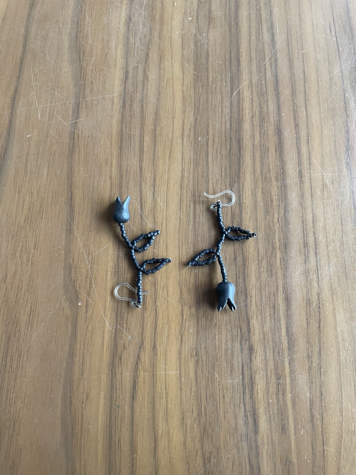 Black Bead Plant Leaf Hook Earrings Handcrafted Dangle Gothic Retro Japanese