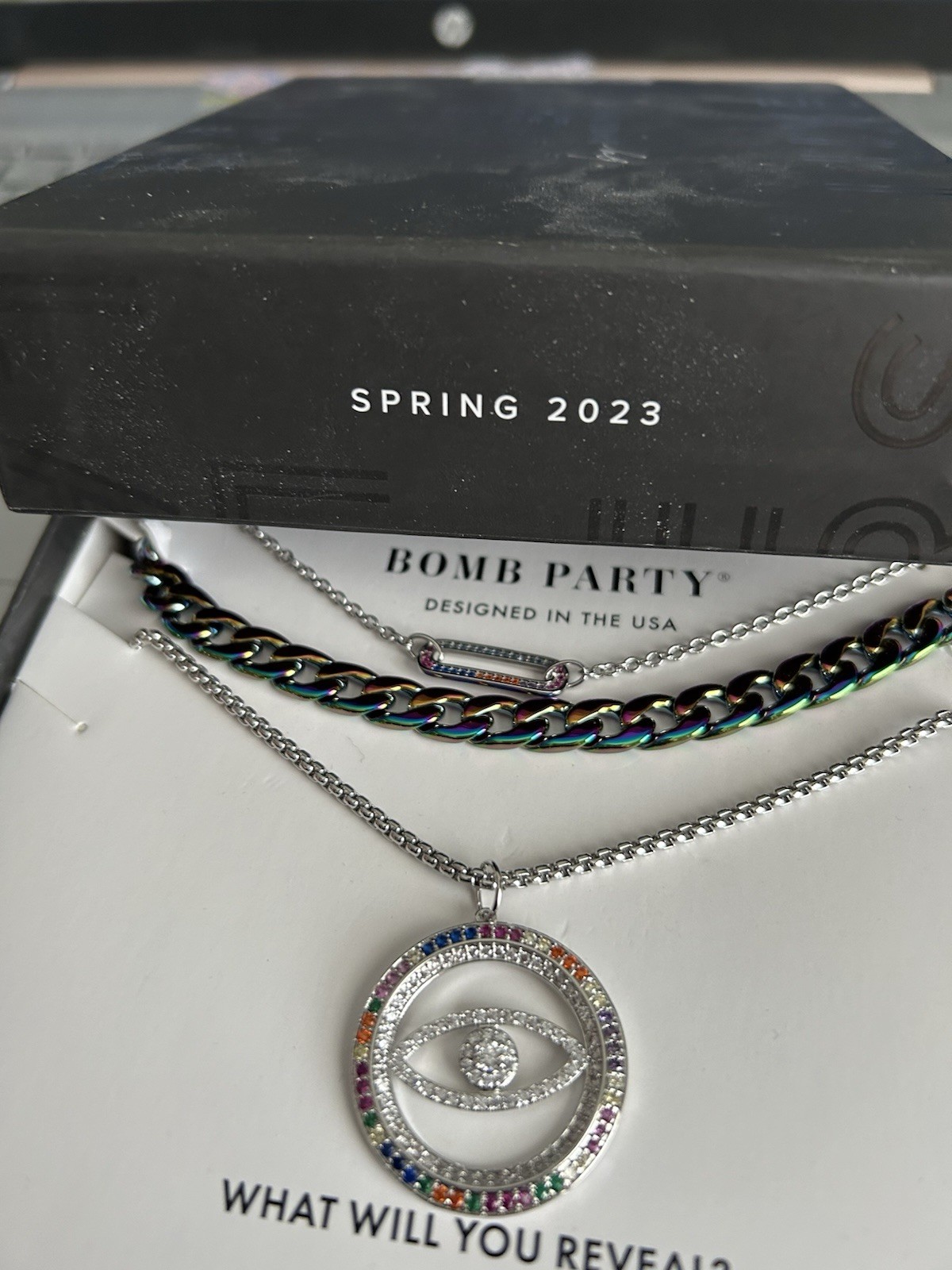 Bomb Party Lux Layers Spring 2023 3 Necklaces Evil Eye Rainbow New