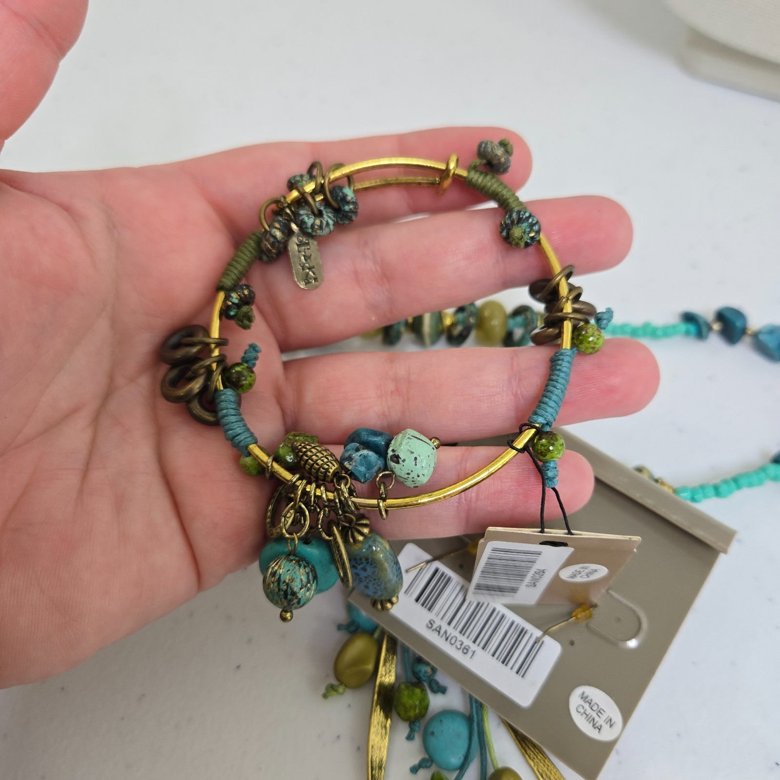 Treska Necklace Earrings Set Bracelet Blue Green Beaded Long Boho Gold Tone