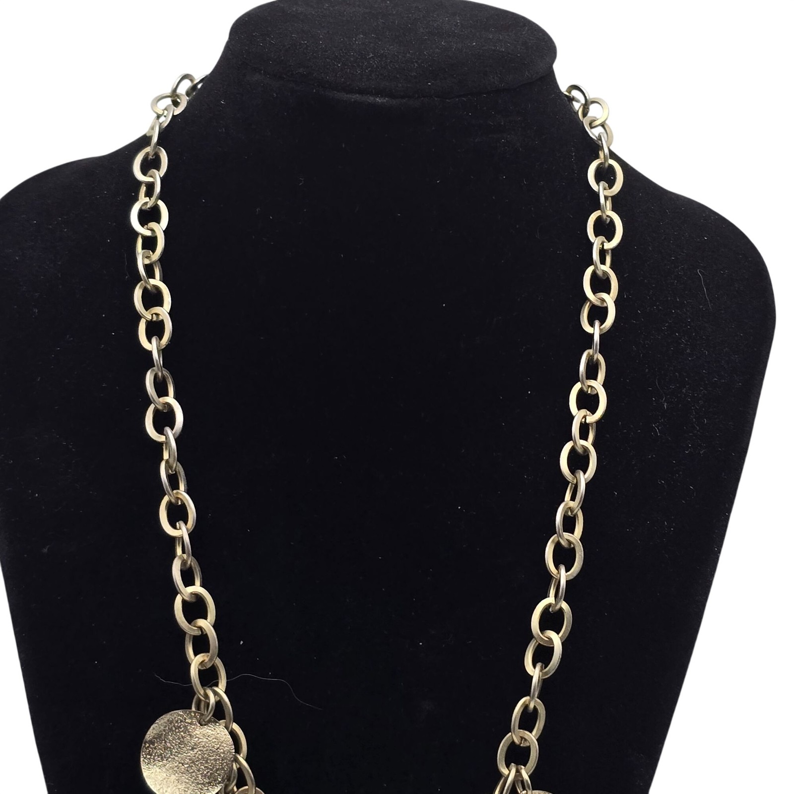 Gold Tone Geometric Disc Charm Statement Necklace Textured Bib Adjustable 20″