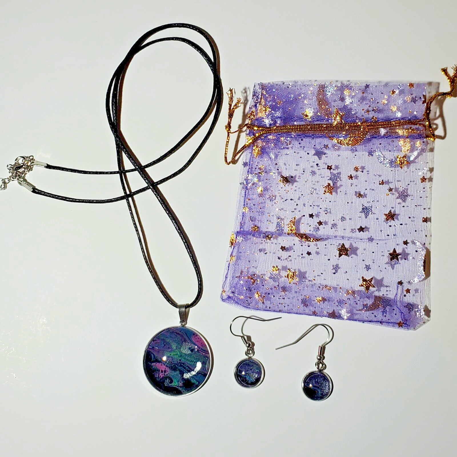 Necklace and Earrings Set, Handmade Acrylic Paint Pour Painting Jewelry, A13