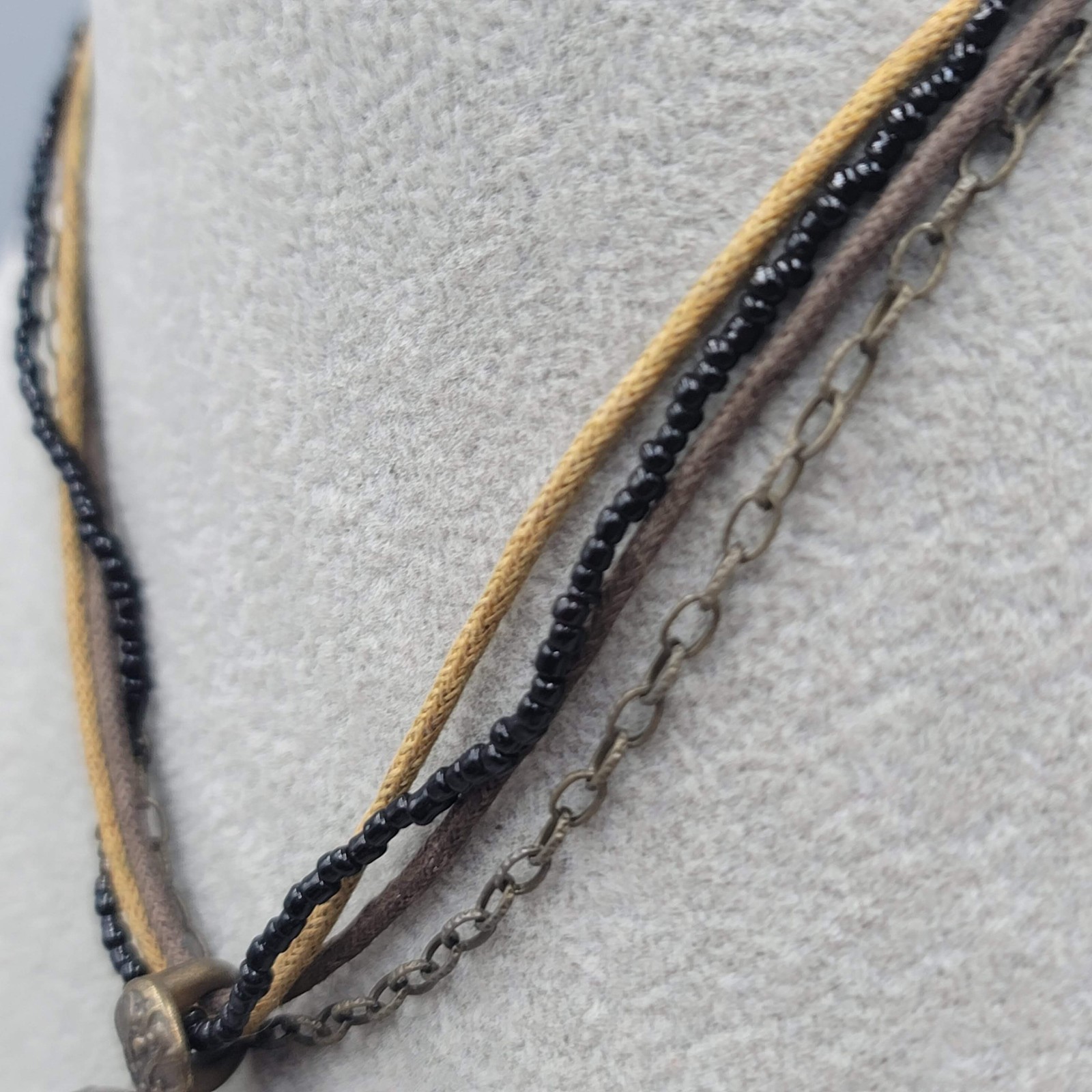 Embossed Acrylic Rhinestone Pendant Necklace Bronze tone Multiple Strands 15″-17