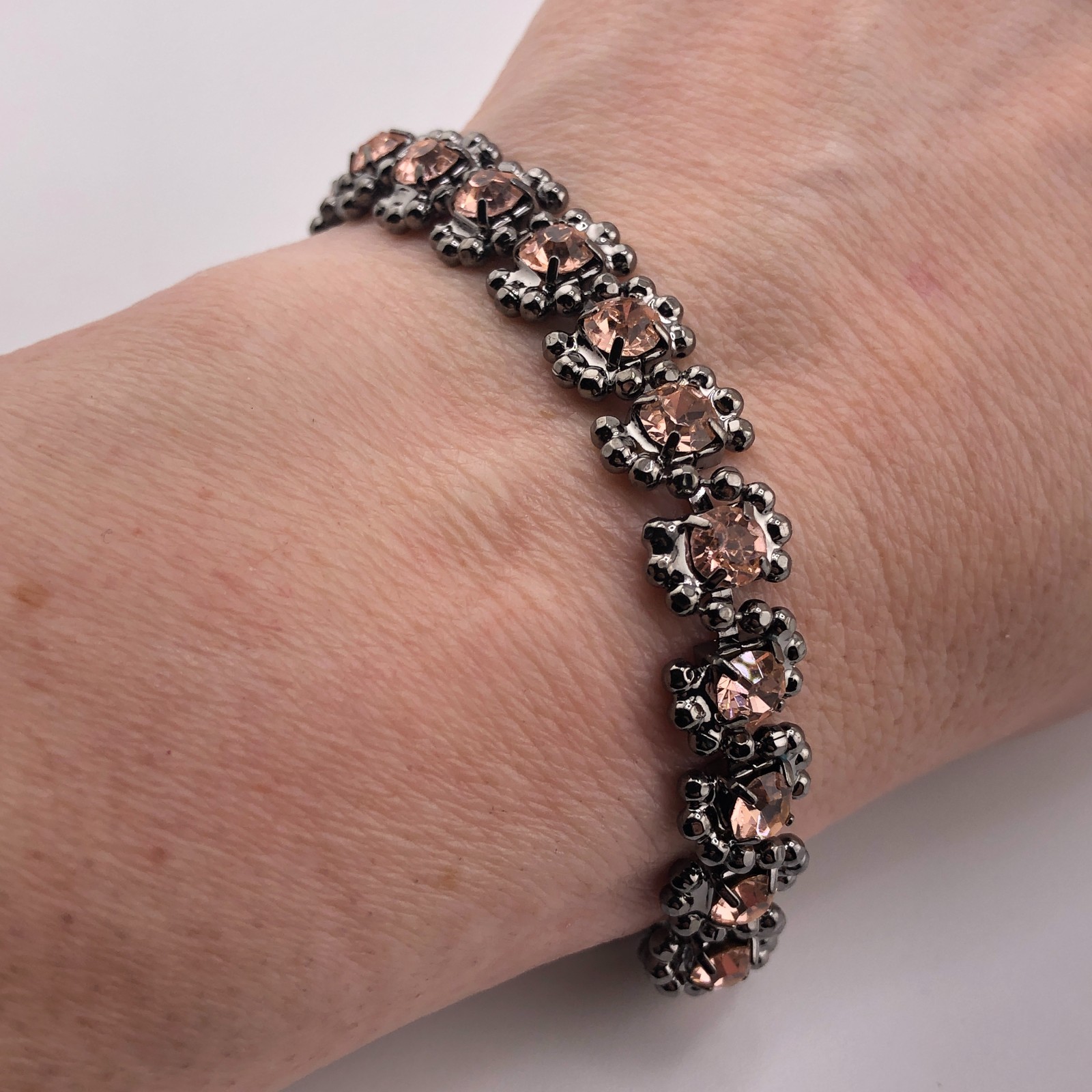VINTAGE Link Bracelet Black & Salmon Pink Floral Links Retro Festival Boho Hippy