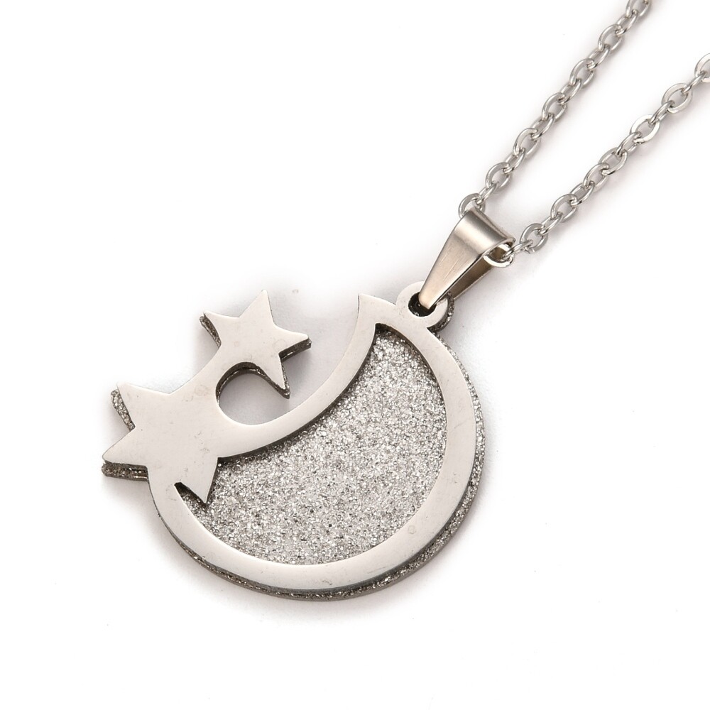 Stainless Steel Set Pendant Necklace Earrings Moon Star Silver 17.72″ 0.7mm Z820