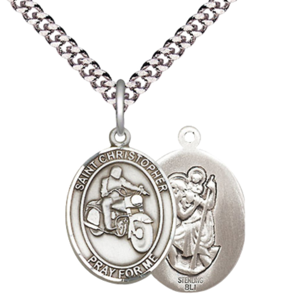 Sterling Silver Saint Christopher/Motorcycle Medal 24″ Endless Chain Necklace