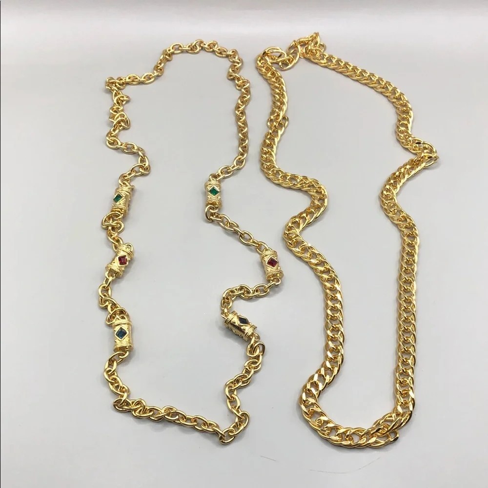 KJL Long Chain Necklace Gold + Retro Style Cylinder Stations Statement Necklace.