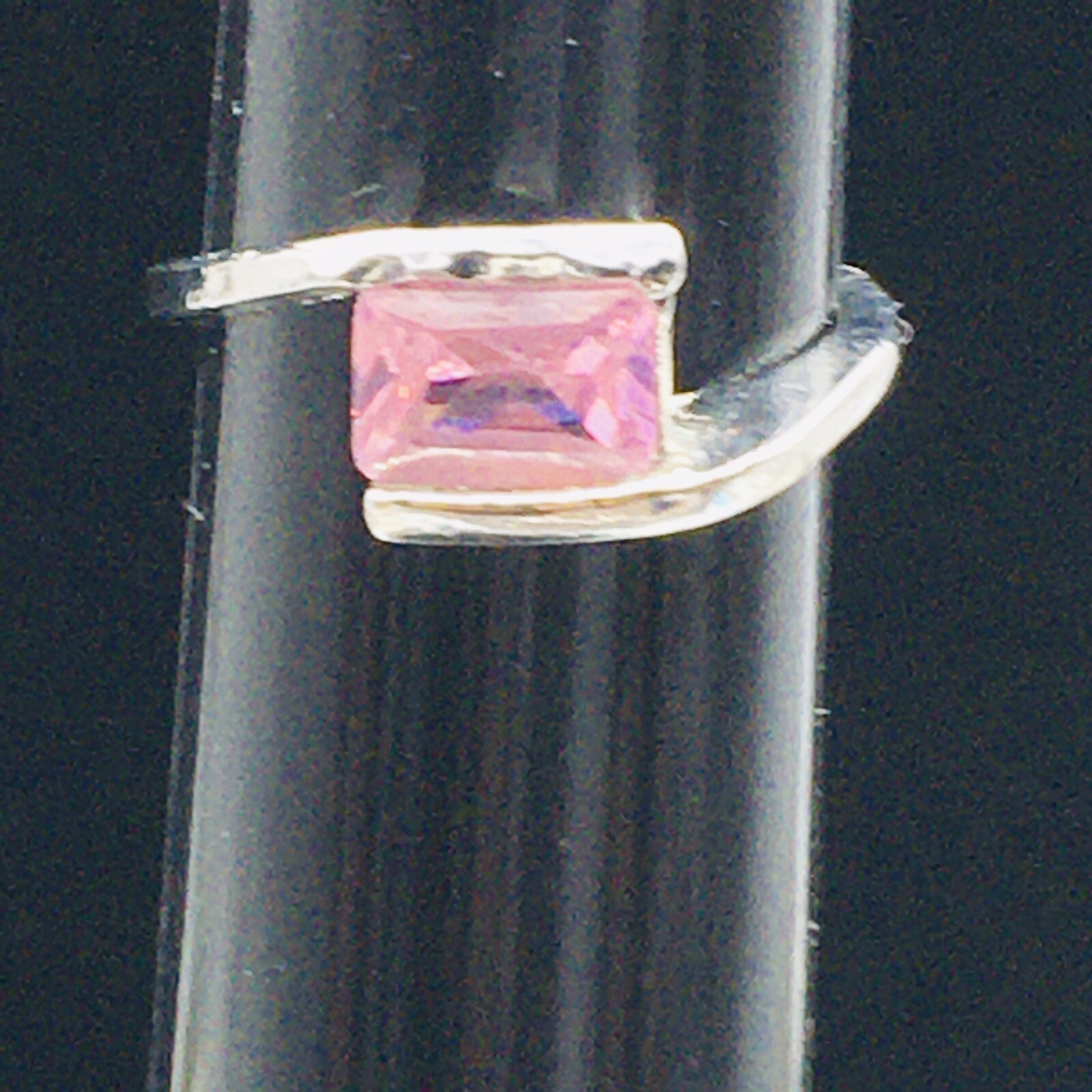 Silver Tone Tension Setting Pink Rhinestone Ring Sz 7