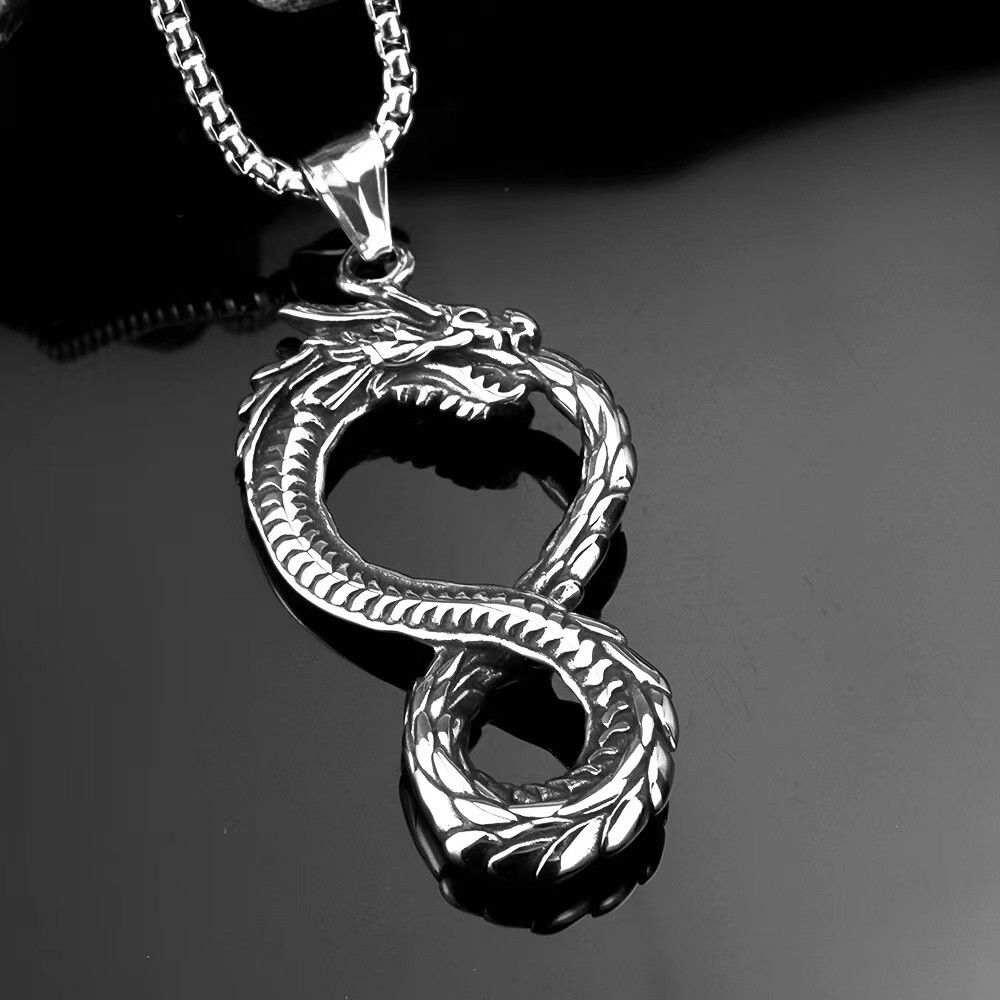 Silver Ouroboros Dragon Pendant Necklace Men’s Punk Rock Jewelry Chain 24″ Gift