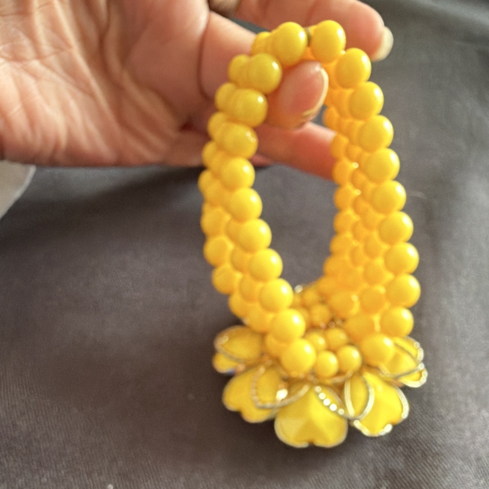 Yellow Beaded Stretch Statement Bracelet Large Flower Centerpiece Plastic