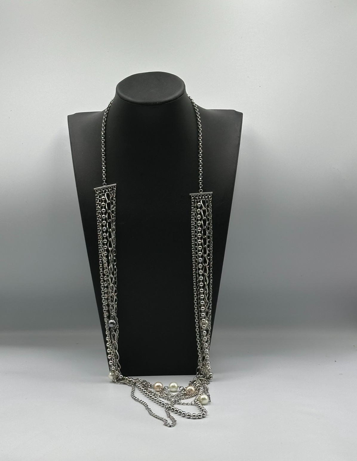 Long Layered Necklace Silver Tone Multi Chain Faux Pearl Beaded Stations 44″