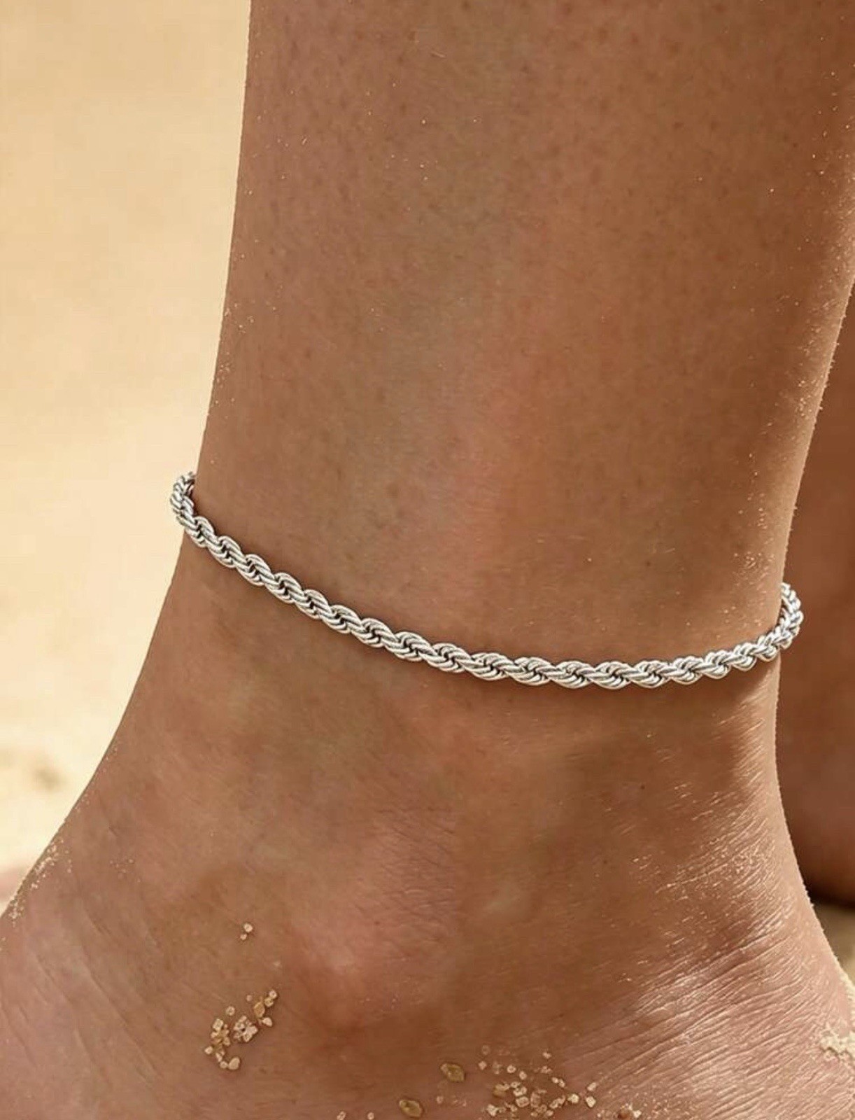 1pc Silver Twister Rope 304 Stainless Steel Anklet Non- Fading Adjustable