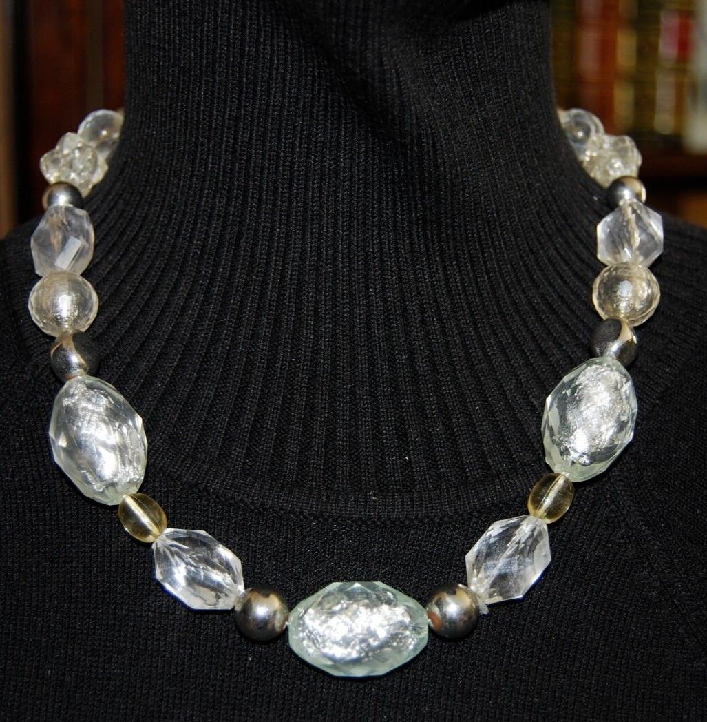 Wonderful NY Bold Couture Acrylic Silver & Clear Bead Statement Strand Necklace