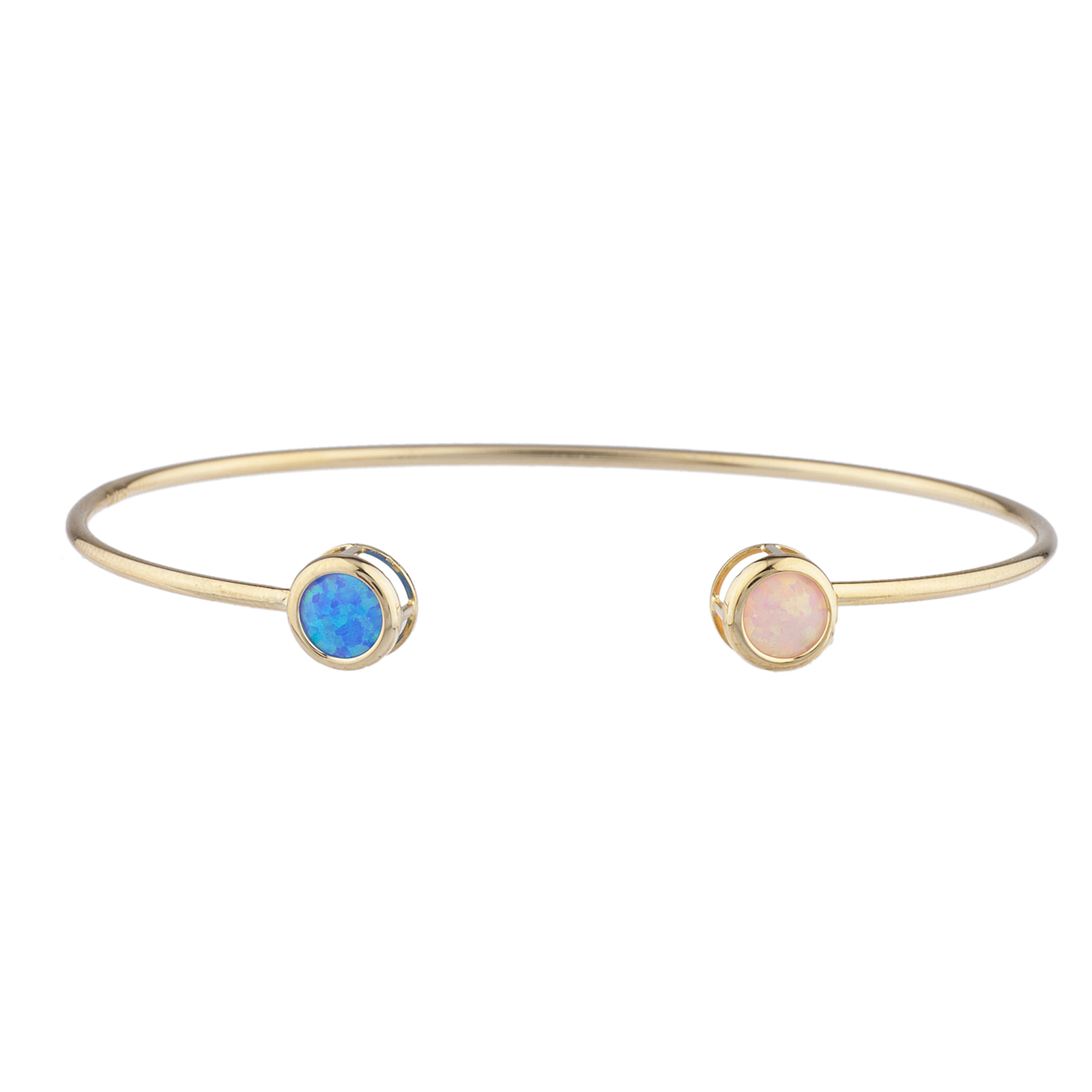 14Kt Gold Blue & Pink Opal Round Bezel Bangle Bracelet