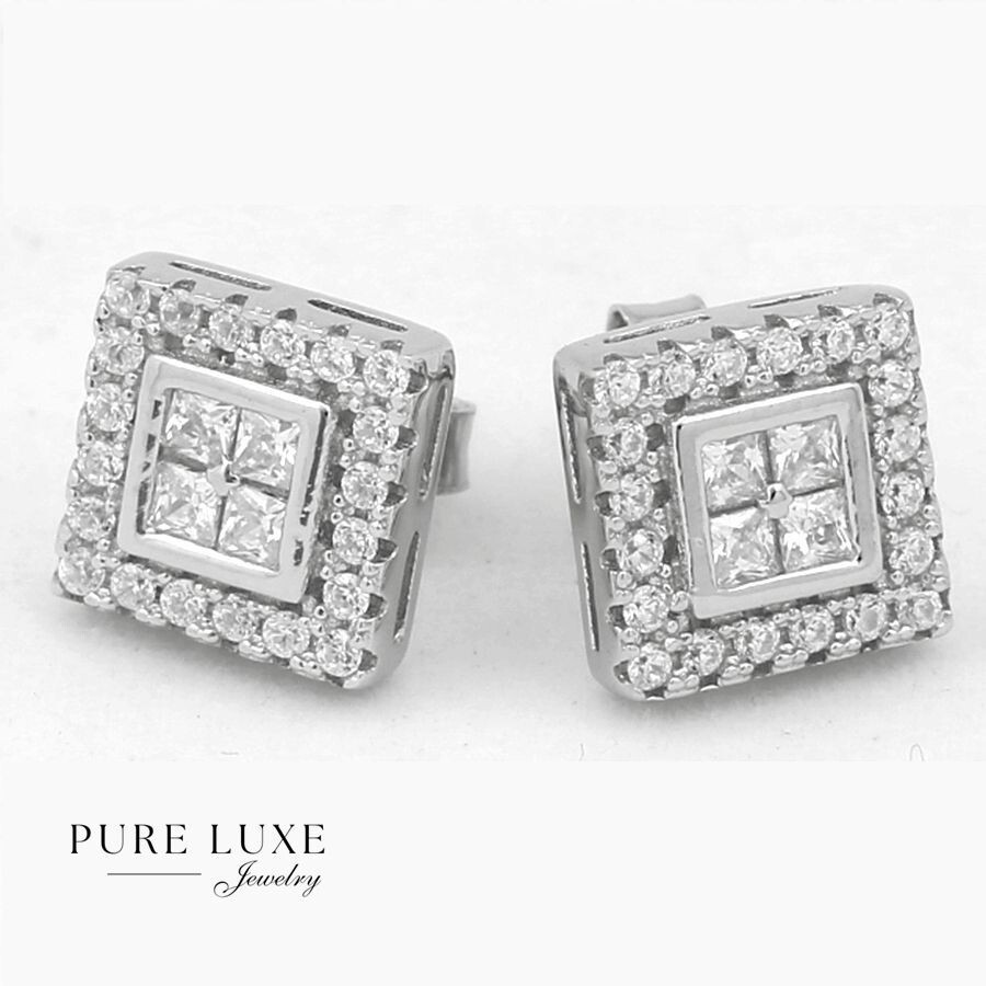 Mens Sterling Silver 925 CZ 11mm Icy Briliant Square Push-Back,Studs Earring*Box